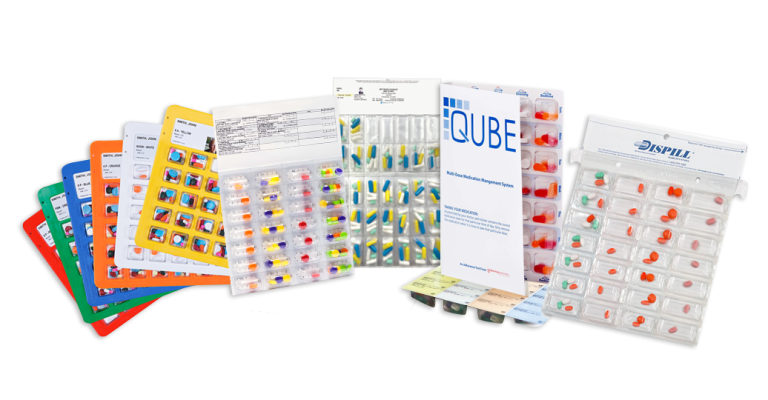 Assorted blister packs of pills and medication boxes laid out in a row on a white background