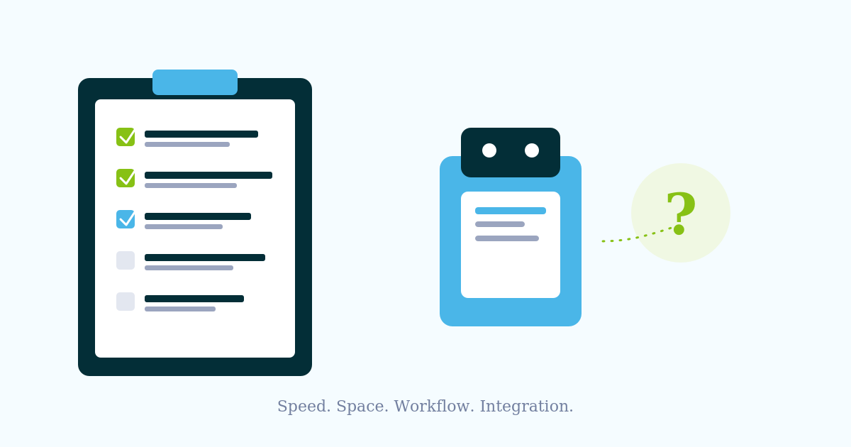 Illustration of a checklist clipboard on the left and a blue automated device on the right, symbolizing workflow integration.