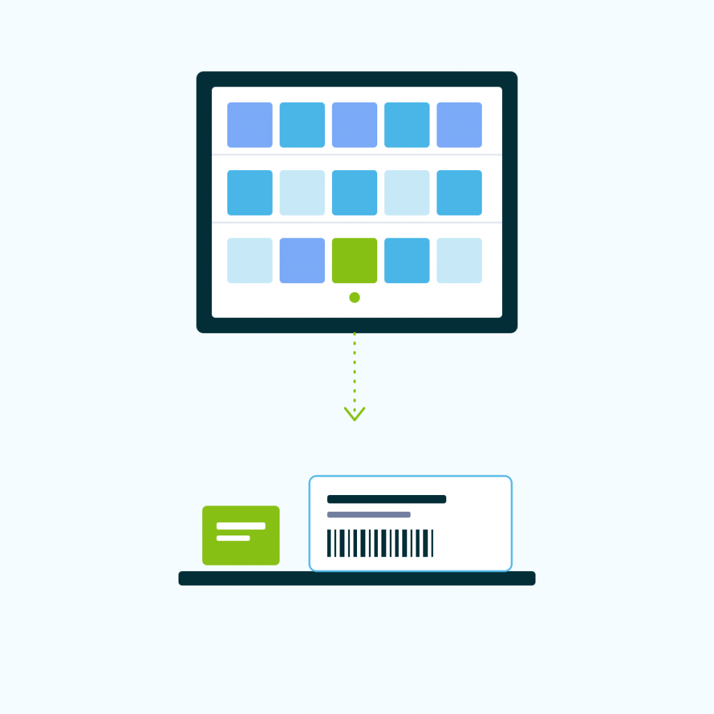Illustration of a monitor showing a grid of colorful tiles syncing with a laptop displaying a receipt with a barcode.