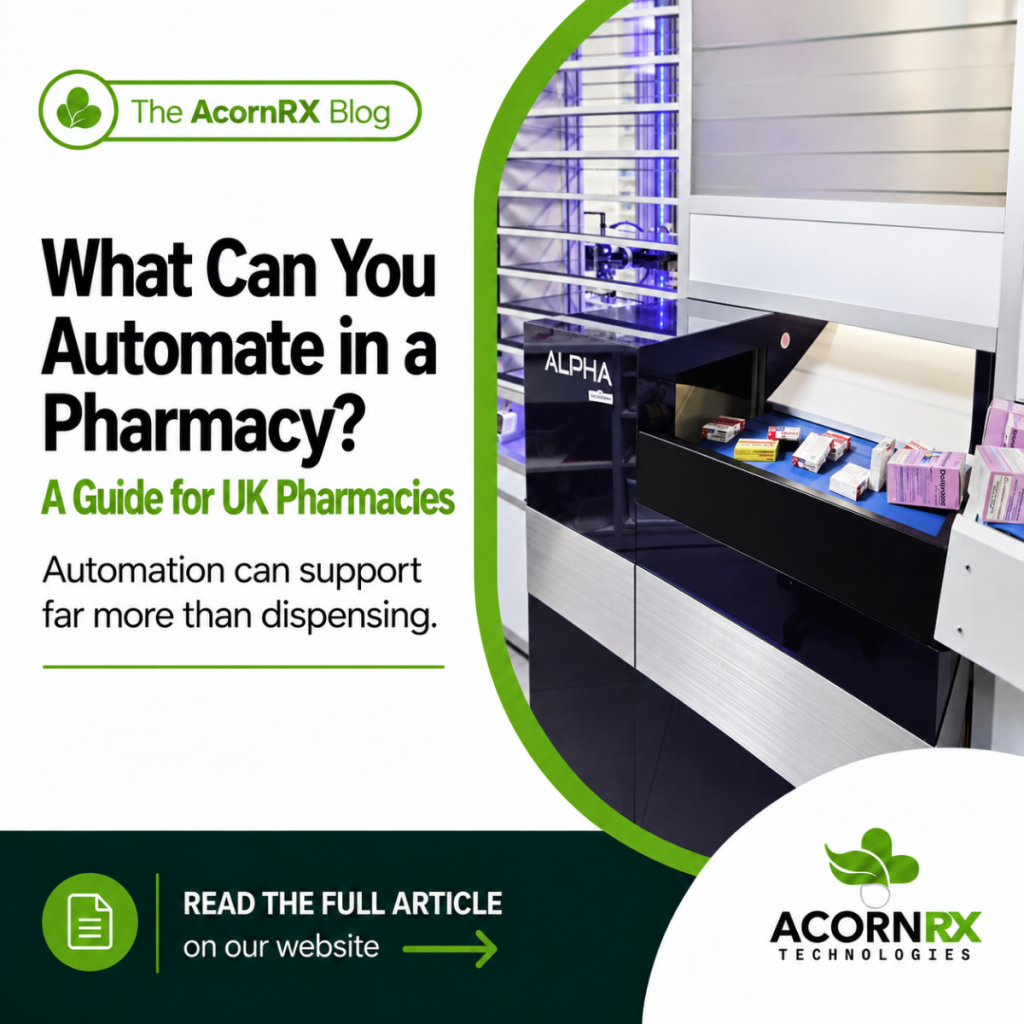 Banner for The AcornRX Blog: 'What Can You Automate in a Pharmacy? A Guide for UK Pharmacies' with pharmacy automation equipment on the right and AcornRX logo bottom right (informational).