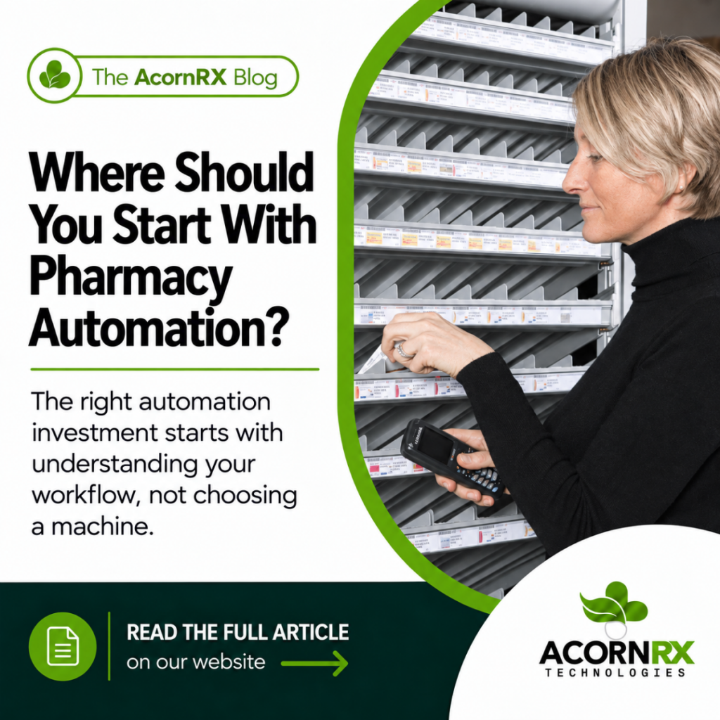 Banner for The AcornRX Blog promoting pharmacy automation with the headline 'Where Should You Start With Pharmacy Automation?' showing a woman scanning shelves beside a green curved border and the AcornRX logo, plus a 'Read the full article' CTA.